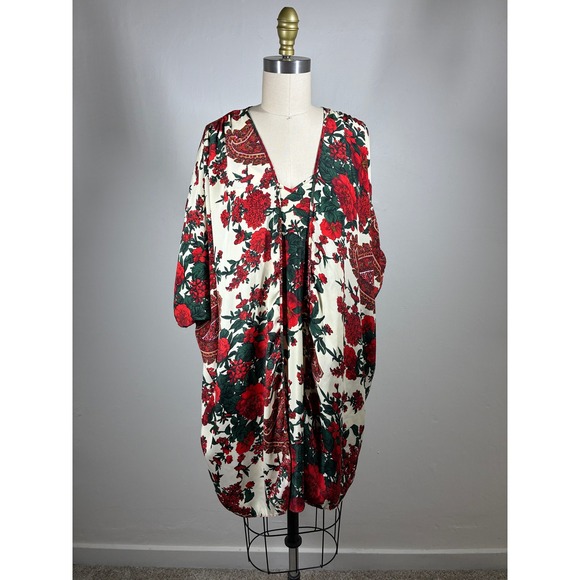 Vintage Other - Vintage Red Green Floral Lingerie Slip Dress and Robe‎ Sleep Set Medium 80s 90s
